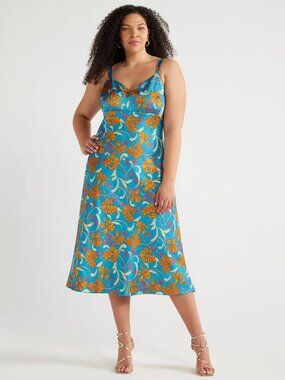 Sofia Jeans Plus Slip Midi Dress by Sofia Vergara Sz XXXL Blue Floral Tropical